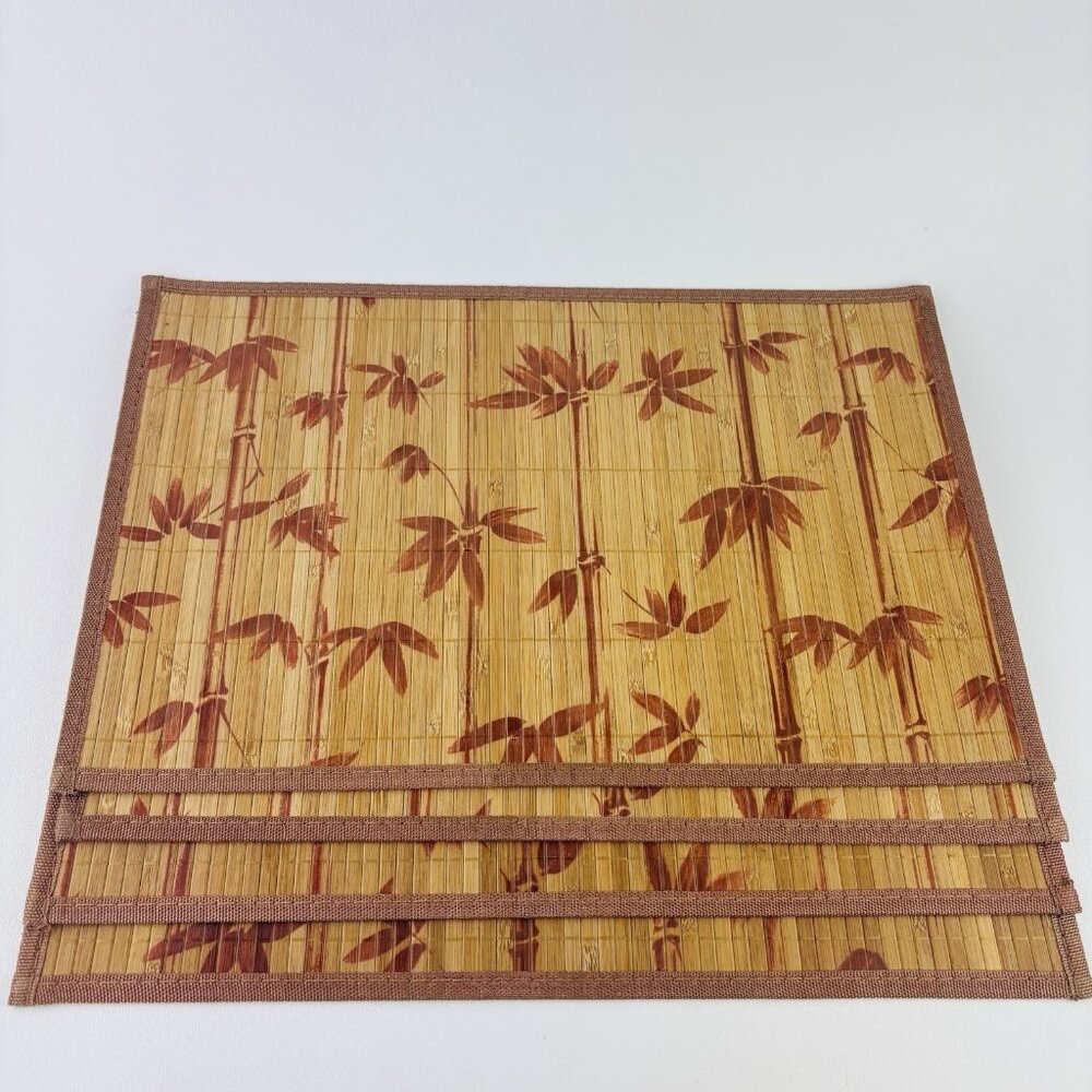 Lot of 4 Bamboo Leaf Pattern Table Placemats 18x12 Bamboo with Woven Back Brown